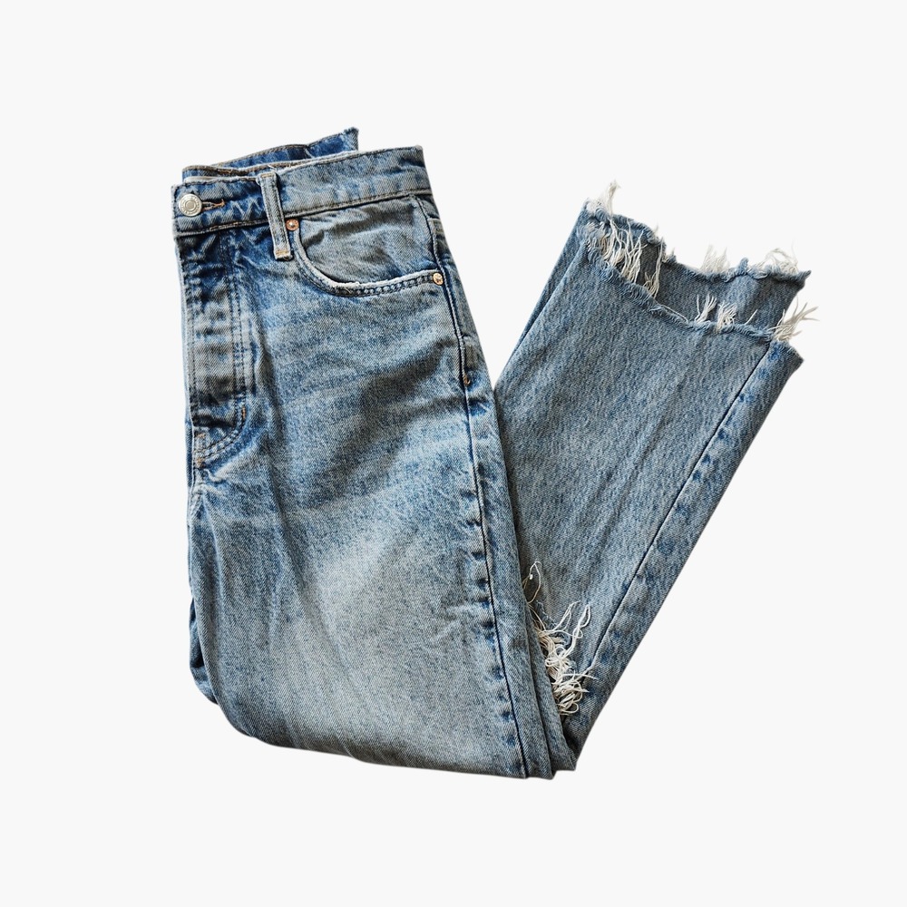We The Free People Distressed High Rise Straight Leg Jeans Light Wash Denim 25